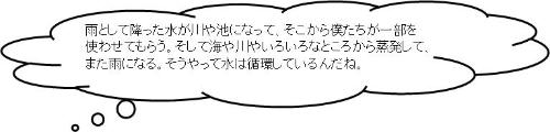 雨として降った水が川や池になって、そこから僕たちが一部を使わせてもらう。そして海や川やいろいろなとことから蒸発して、また雨になる。そうやって水は循環しているんだね。