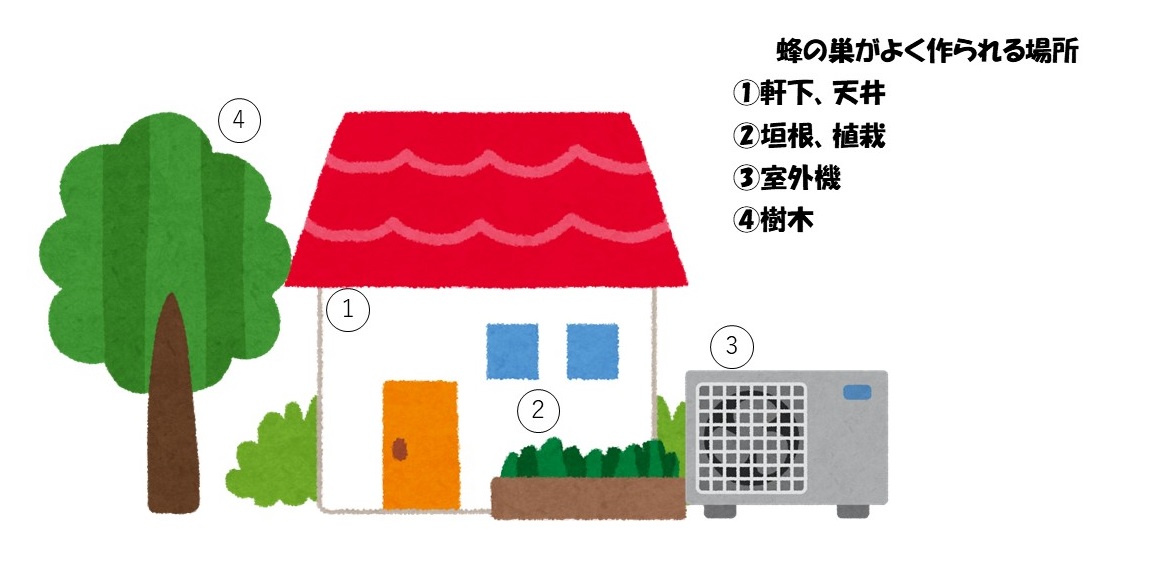 鉢の巣がよく作られる場所（1）軒下、天井（2）垣根、植栽（3）室外機（4）樹木