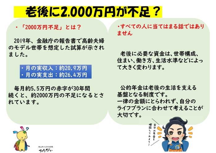 老後に2,000万円が不足? 2019年の金融庁試算による「老後2,000万円不足」は、高齢夫婦モデル世帯の月約5.5万円の赤字が30年続いた場合の計算であり、全員に当てはまるわけではありません。必要な資金は世帯構成や住まい、生活水準等で変化します。公的年金は生活の土台であり、一律の数字に囚われず自身のライフプランに合わせて備えることが大切です。