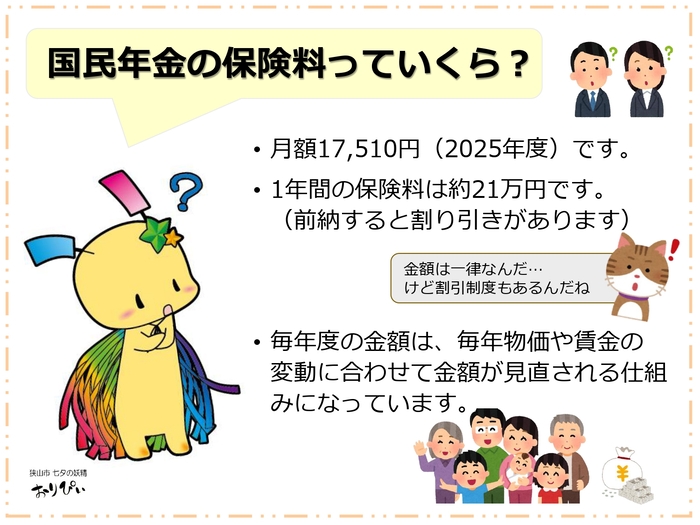 国民年金の保険料っていくら? 国民年金の保険料は2025年度で月額17,510円、年間約21万円です。年度ごとの金額は物価や賃金の変動に合わせて毎年見直される仕組みになっています。保険料は、まとめ払いの「前納」をすることで割引制度が適用されます。